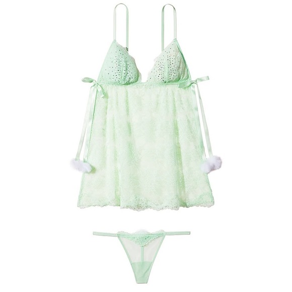 Victoria's Secret Other - Victorias Secret Mint Green Lace Crystal Babydoll Lingerie Set🪽🎀